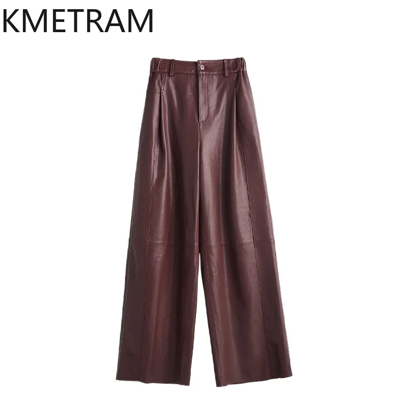 KMETRAM Genuine Leather Pants Full Vegetable Tanned Ultra-Thin Sheepskin Trousers Wide Leg Pants for Woman Pantalones High Waist