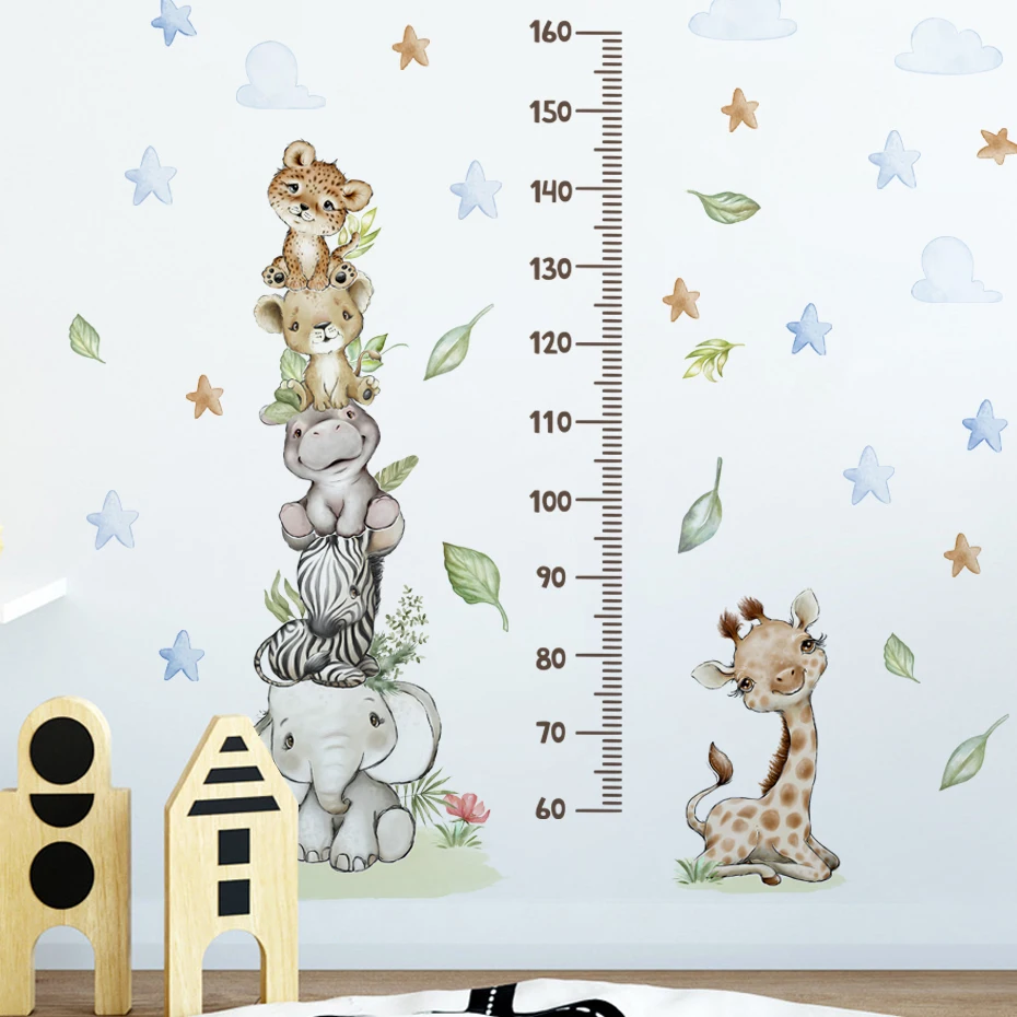 Cartoon Smile Animals Elephant Giraffe Height Ruller Wall Stickers for Kids Room Boy Girl Room Nursery Wall Decals pvc