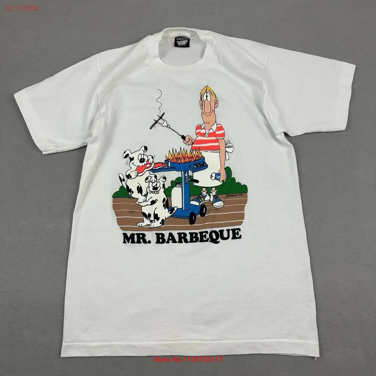 Vintage Mr Barbeque T Shirt Men Medium White Screen Stars Grilling Dog 1990 USA vintage Washed Stretched Soft homme Breathable