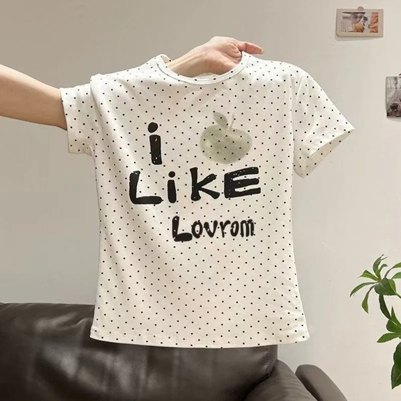 American retro polka dot short-sleeved women's summer green apple print front shoulder t-shirt Spice girl slim-fitting short top