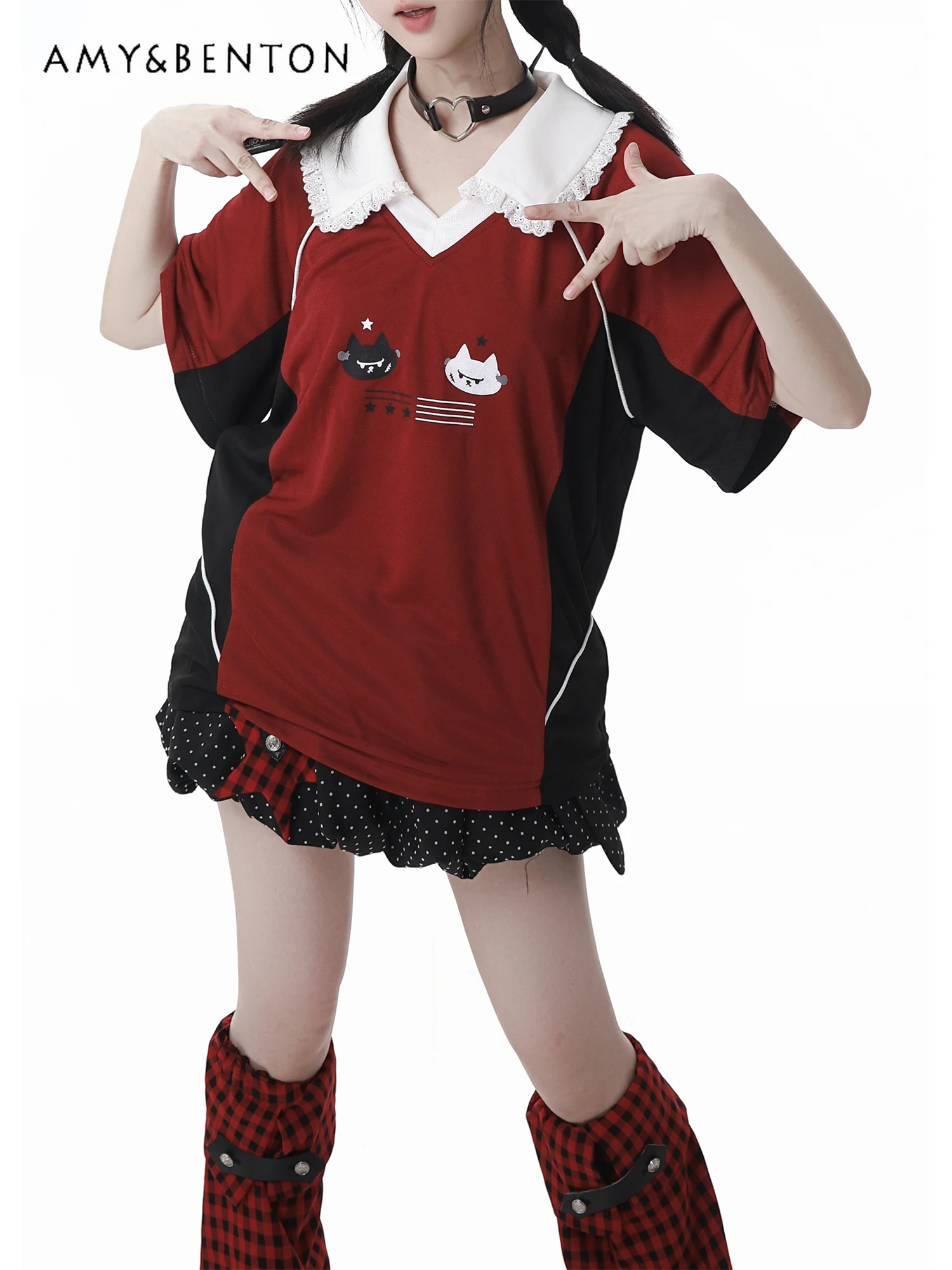 Verão doce menina bolinhas impressão roupas casuais bonito gola de boneca emenda cor de manga curta topo tutu saia conjunto de duas peças