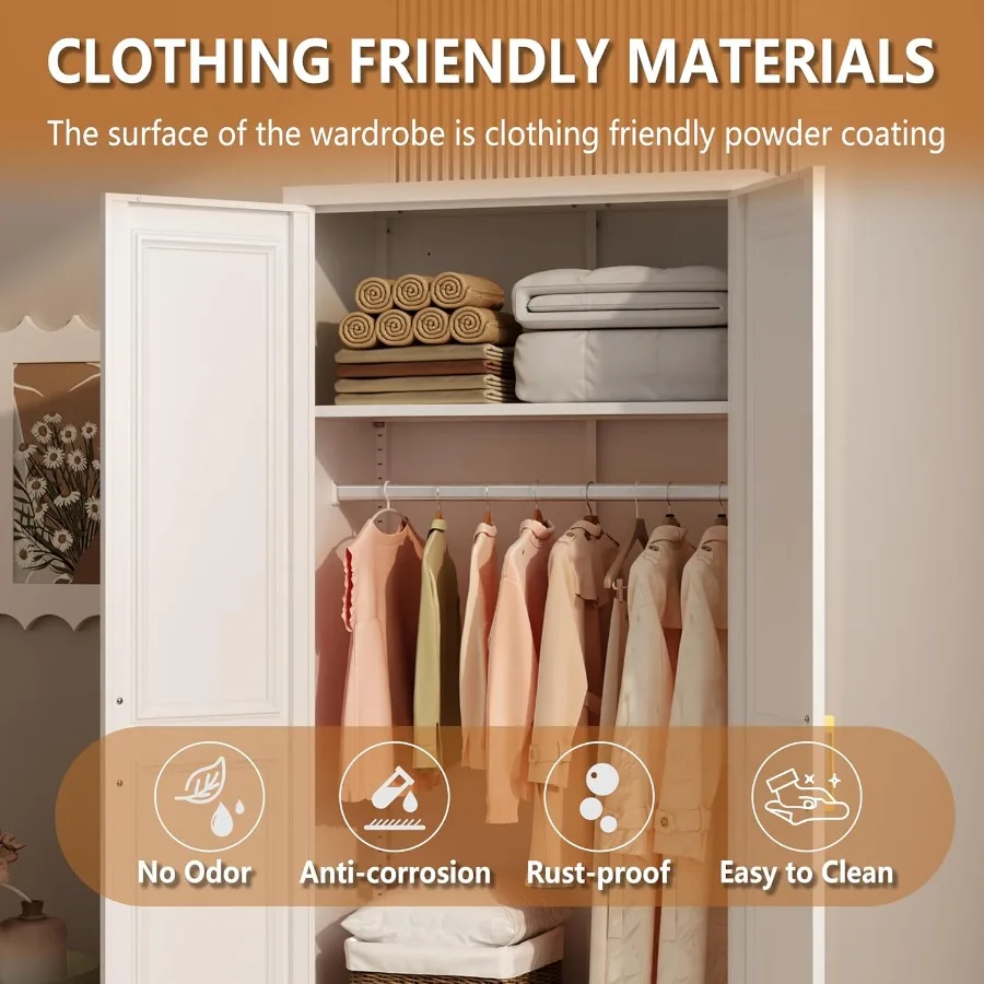 71 Tall Freestanding Metal Armoire Wardrobe Closet with Doors and Shelves for Bedroom Storage Large Capacity Hanging Closet wit