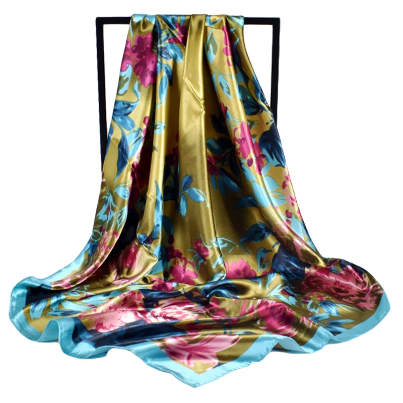 Versión coreana de bufandas cuadradas minimalistas y frescas de 90 colores Ding de imitación de seda con flores y plantas disponibles en stock para mujeres