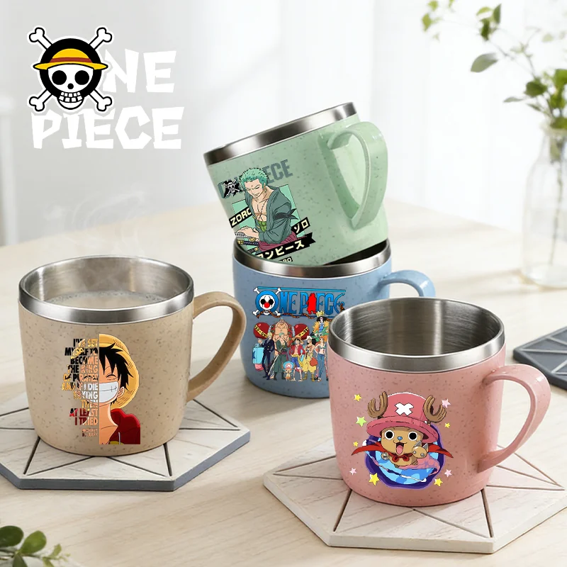 One Piece Water Cup Cartoon Anime Print Stainless Steel Drinking Glass Luffy Double Layered Heat-resistant Coffee and Milk Mug