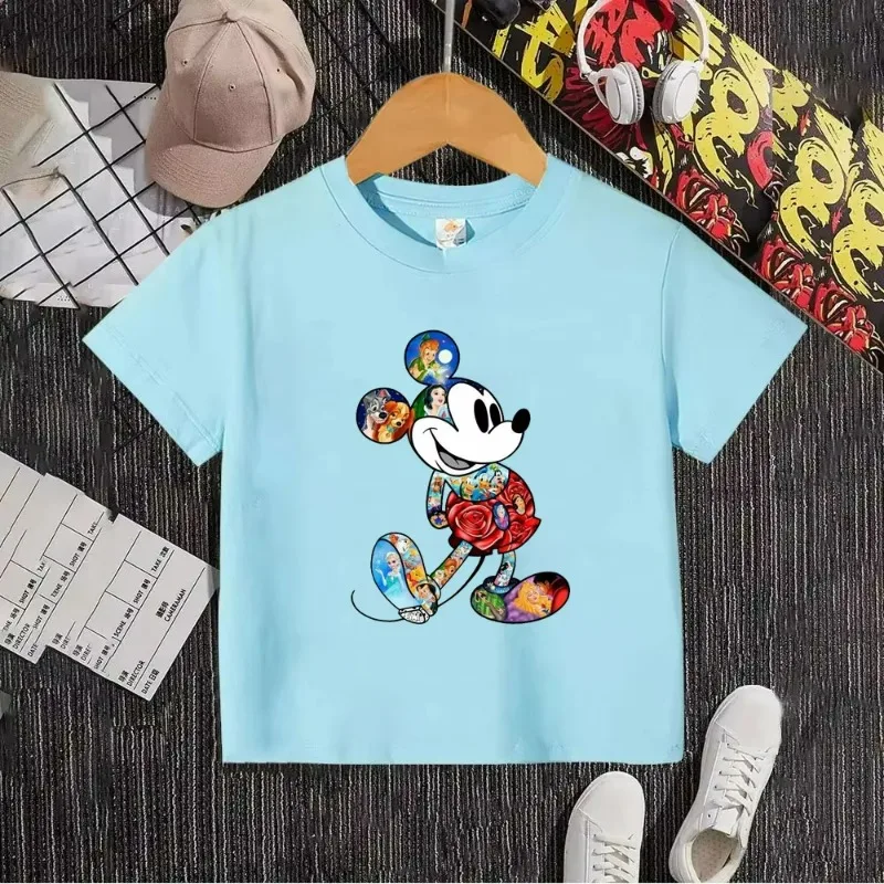 

Disney Mickey cartoon pattern printed casual cotton short sleeved shirt for boys and girls
