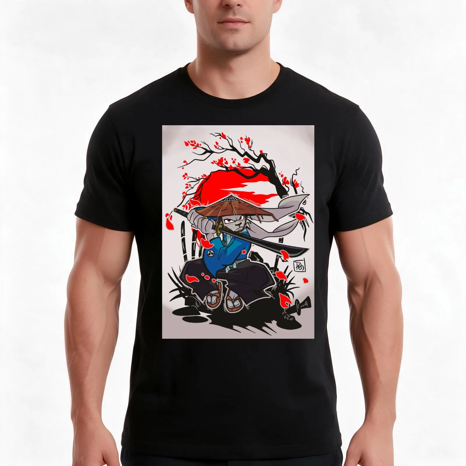 Usagi yojimbo fanart T-Shirt, Summer Casual Cotton Tee, Oversized Streetwear Tops, Vintage Graphic Print, Loose Fit Short Sleeve