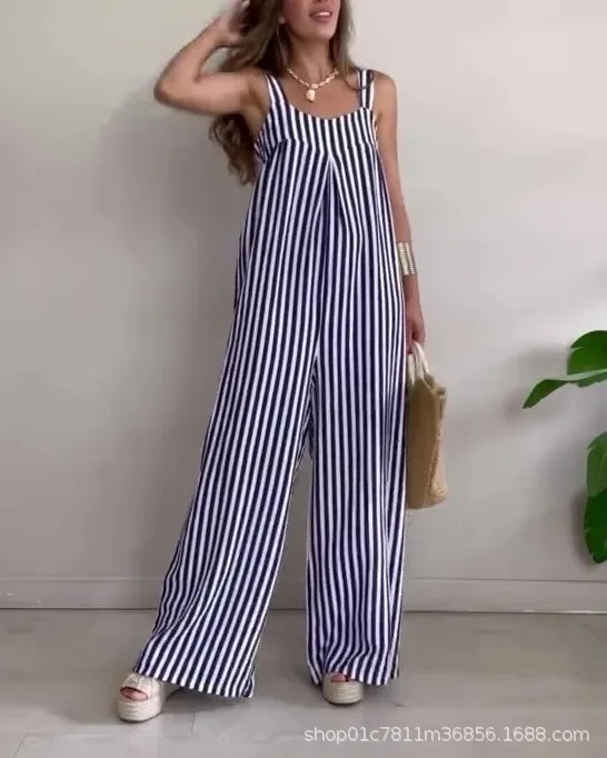 Women's Casual Stripe Jumpsuit Summer Spaghetti Strap Sleeveless Loose Wide Legs Jumpsuits New Femlae Bodysuits Rompers 