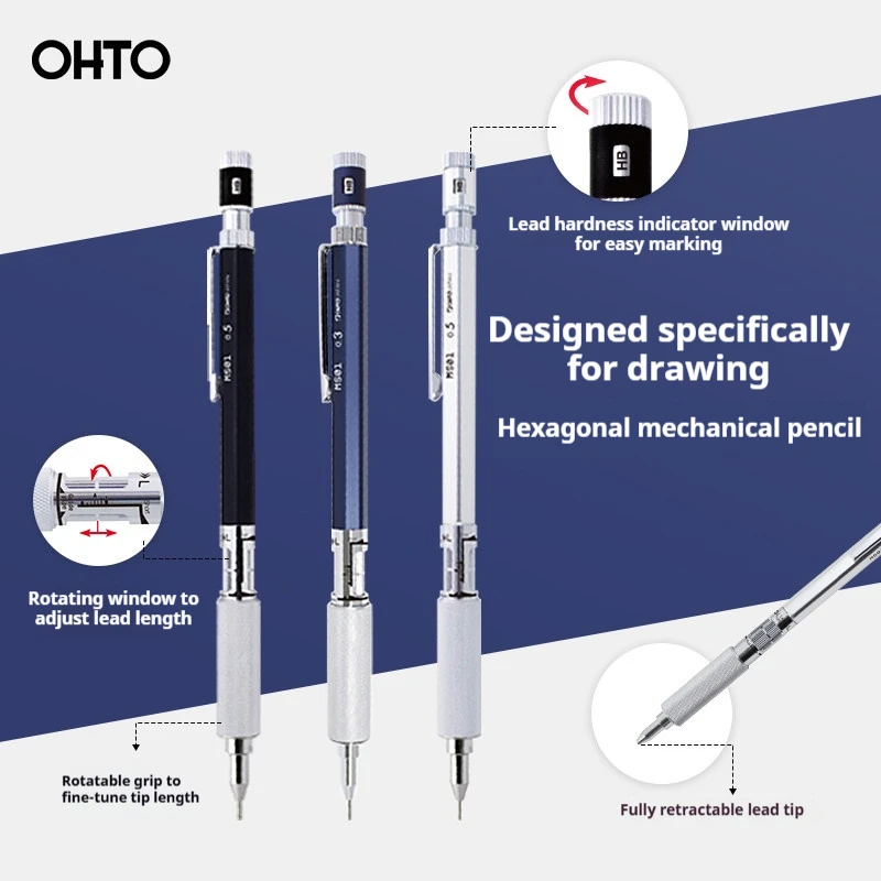 OHTO PROMECHA Mechanical Pencil 0.3/0.5mm Adjustable Metal Nib Lead Length Brass Aluminum Low Gravity Artists Draftings Pencils
