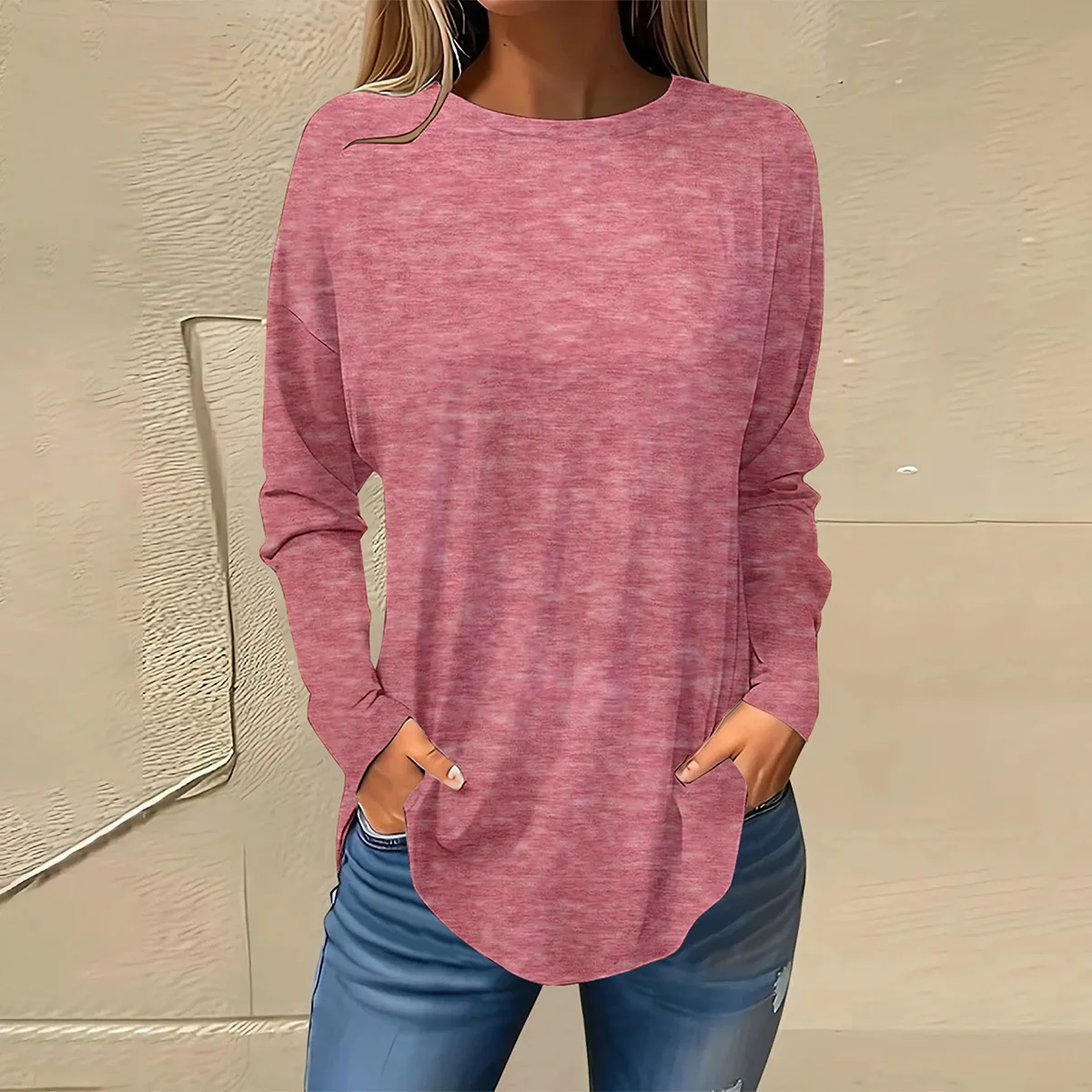 

European and American women's elegant casual round neck long sleeve solid color top