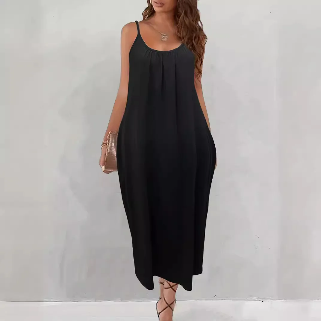Dresses Spring Summer Basics Daily Folds Plain Sleeveless Scoop Neck Maxi Cami Vacation Dresses For Women