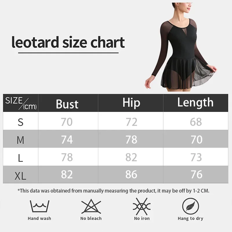 여성 긴 소매 발레 댄스 레오타드 탑 V 자형 메쉬 댄스 드레스 성인 댄스 스커트를위한 전체 앞 안감