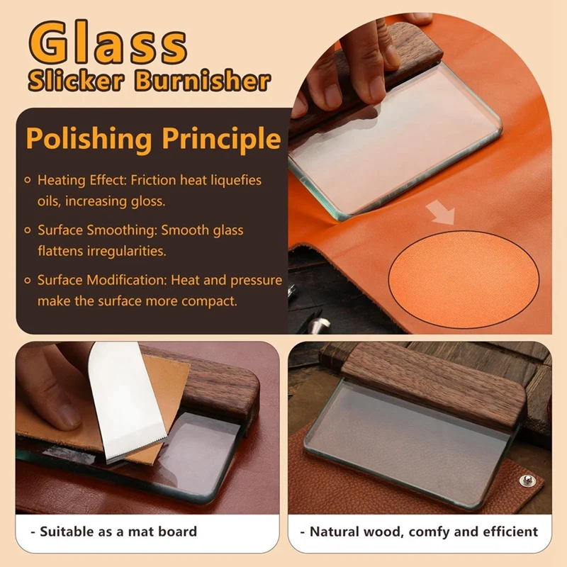 BAAG-ガラススリッカーウォールナットハンドル付きレザーバーニッシュ用ガラスレザーエッジバーニッシャーブロックスムージングツール