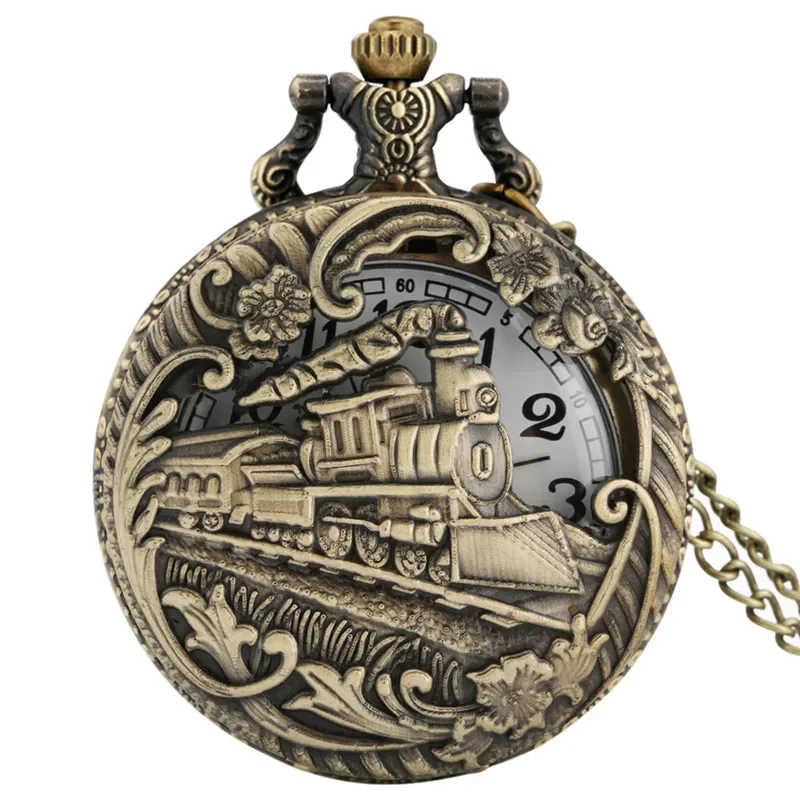 Bronze Hollow Out Locomotive Steam Train Clock Men Women Antique Quartz Pocket Watch Sweater Necklace Chain Half Hunter Watches