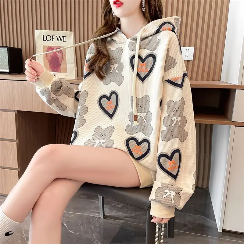 Cute Women\'s Hooded Sweatshirts Baggy Female Top Loose Hoodies Apricot Spring and Autumn Kawaii Graphic Korean Fashion Harajuku