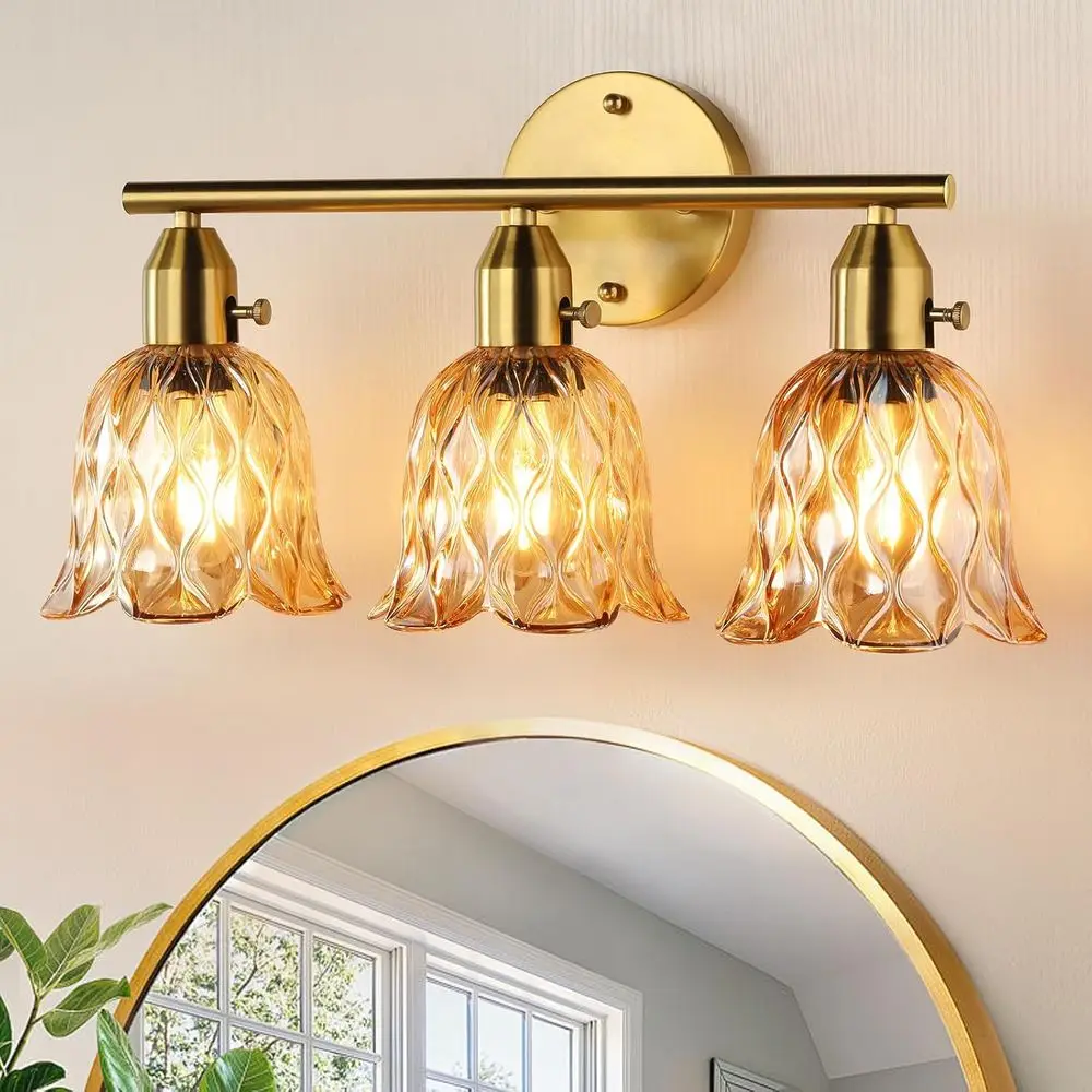 

Vintage Bathroom Light ixtures,3-Light Hardwired Vanity Lights Over Mirror,Brass Wall Sconces with Amber Tulip Glass Shade or Ba