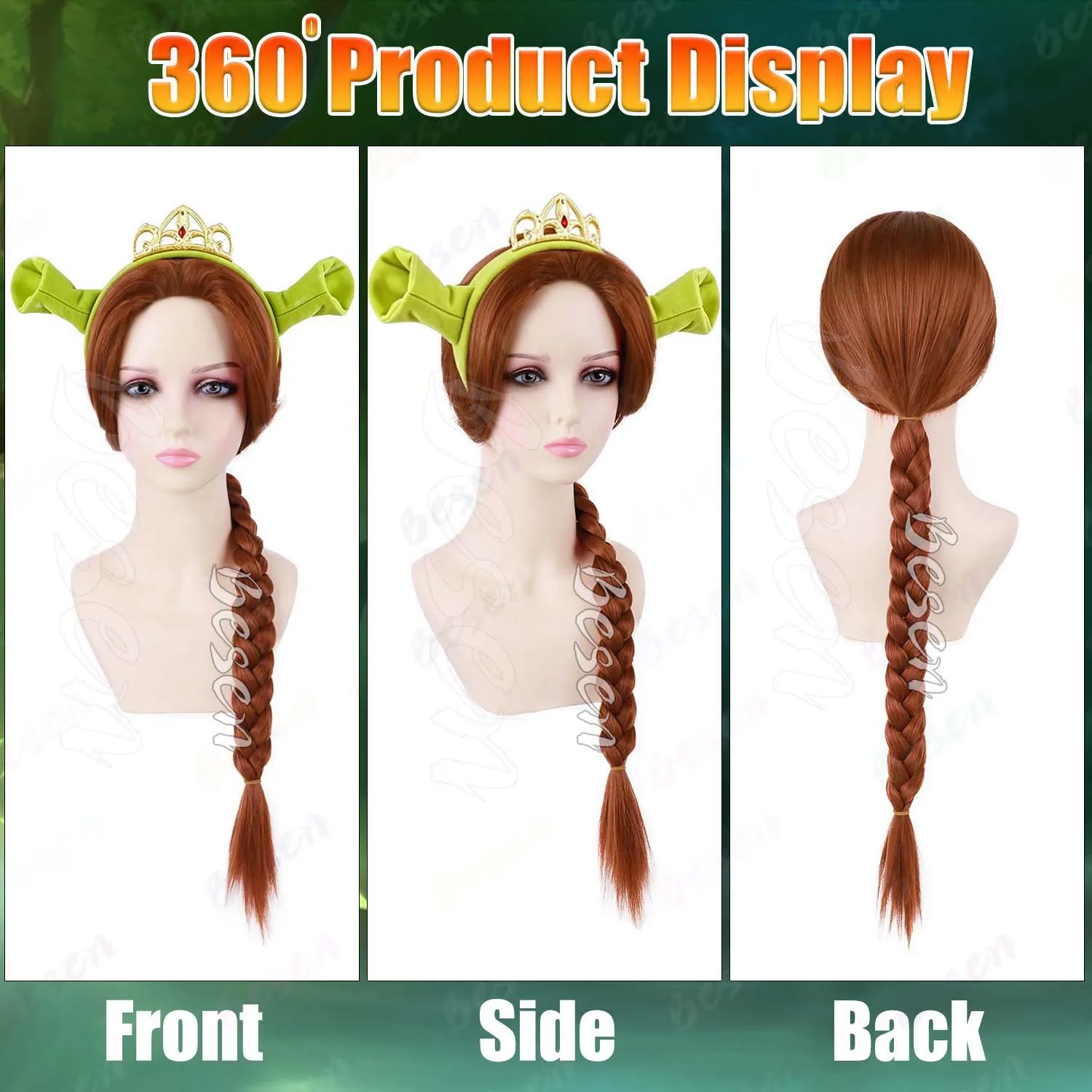 Synthetic Long Braid Reddish Brown Wig+Ogre Green Ears Headband with Princess Crown, Anime Fiona Wig for Halloween Cosplay Party - view 3
