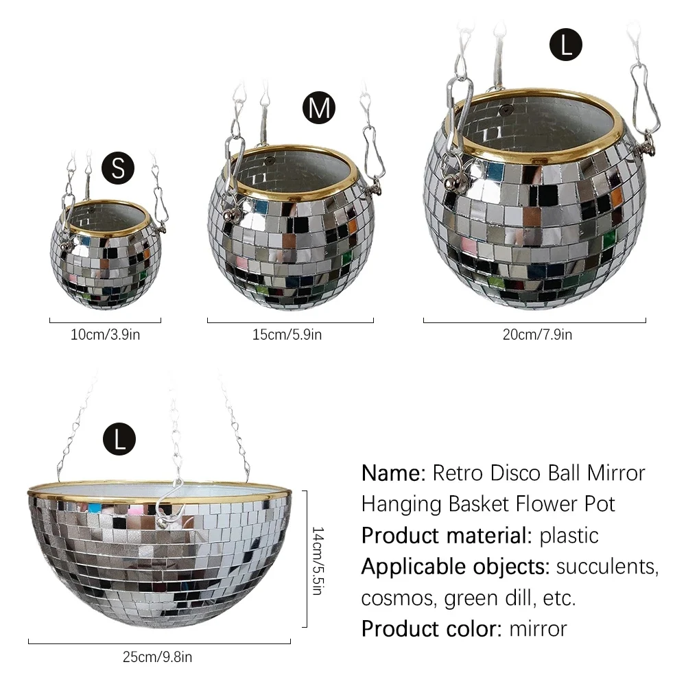 REST Disco Ball Planter Shape Hanging Vase Flower Planter Pots with Drainage Mirror Hanging Basket Room Garden Decoration-XL