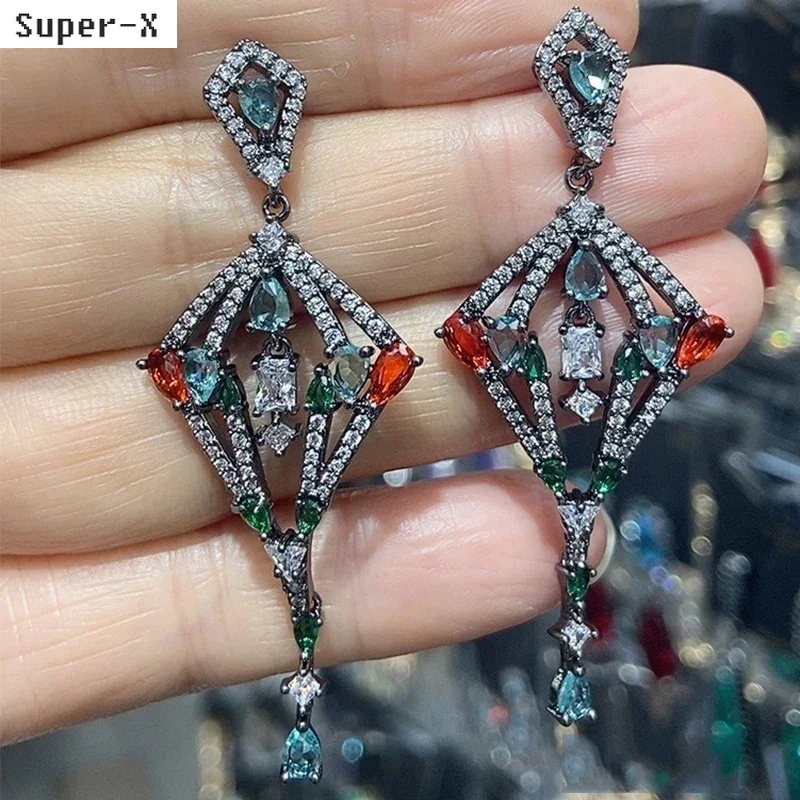 

Shiny Zircon Earrings Women Luxury Jewelry Dinner Party Rhombus Pendant Earrings Female Gift Anniversary