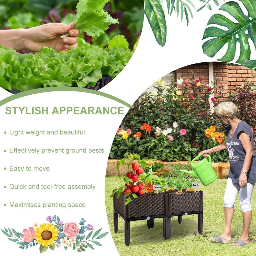 

Elevated Plastic Raised Garden Bed Planter Outdoor Planters with Drain Outlet for Patio Deck Porch for Vegetable Flower Herb
