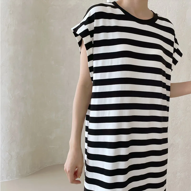 Long Ankle-Length Striped T-Shirt Dress Women's Loose Knee-Length Straight Cut Dress Summer New Style Slimming Long Dress