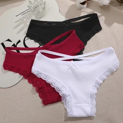 FINETOO Women Cotton Underwear Sexy Lace Edge Ladies Panties Strap Panty Mid Waist Solid Color Female Underpants Briefs Intimate