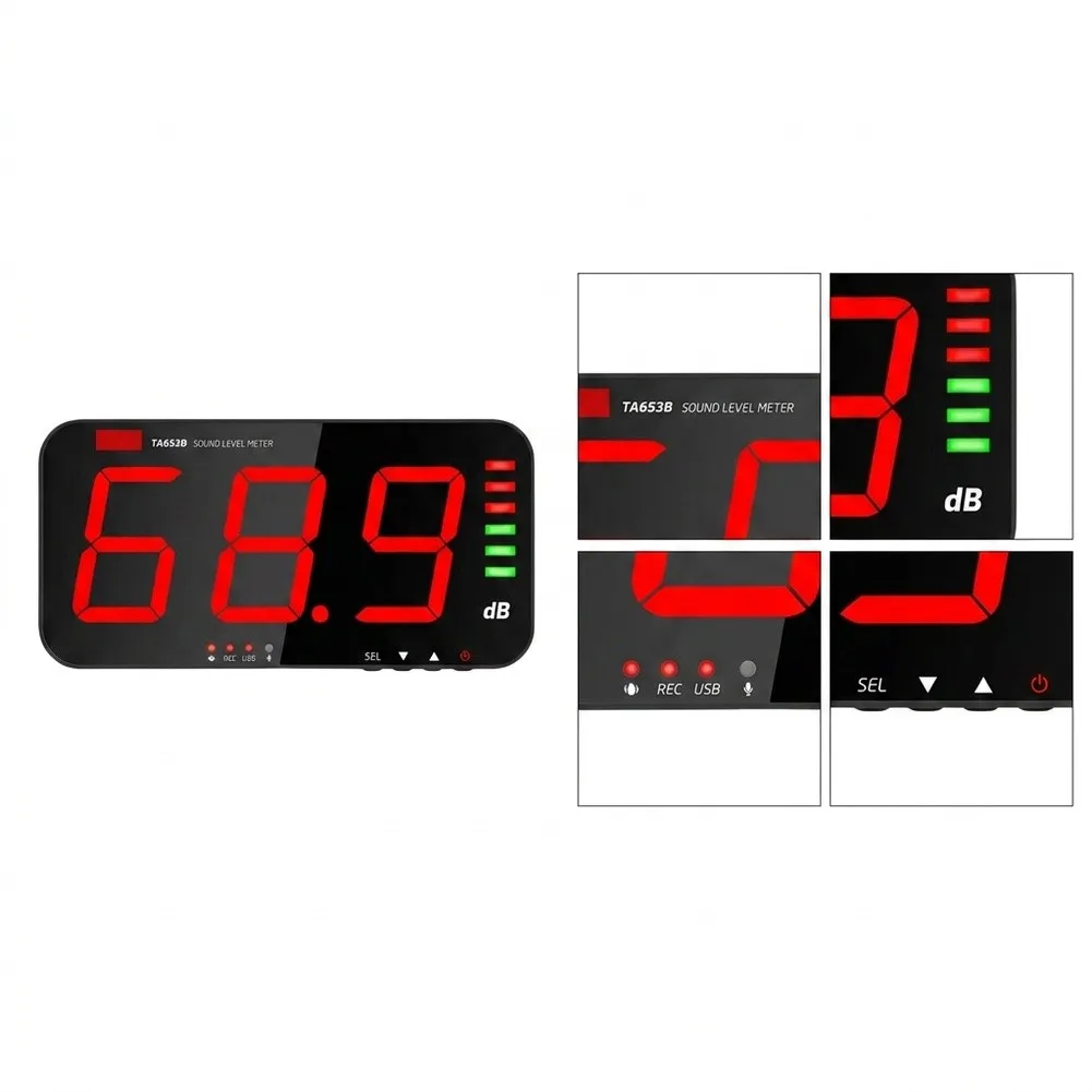 Wall Mount Digital Sound Level Detector 30 to 130dB Range Visual Alarm TA653B TA654B for A Weighting Standard Calibration