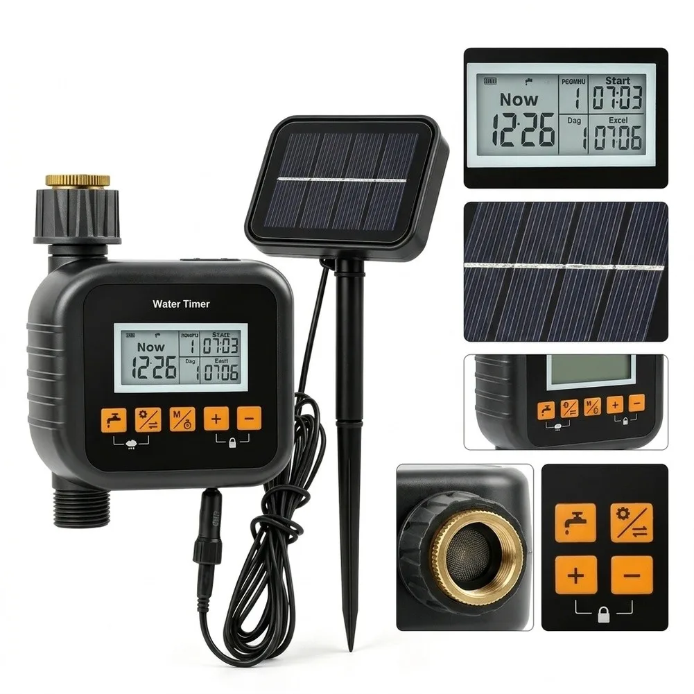 Self-Sustaining Solar For Garden Hose Timer with Rain Detection System Rain Delay Logic and Nine Programmable Irrigation Times