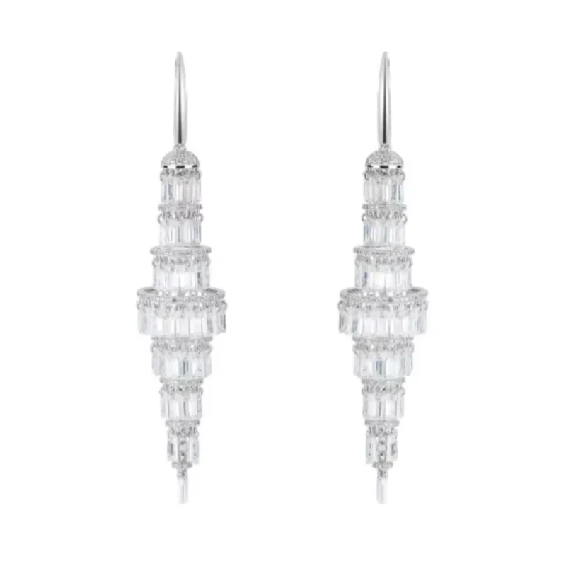 

BELLUX 925 Silver Earrings White Gold Plated Synthetic Zircon Light Luxury Palace Style Tassel Multi-layer Earrings Women's