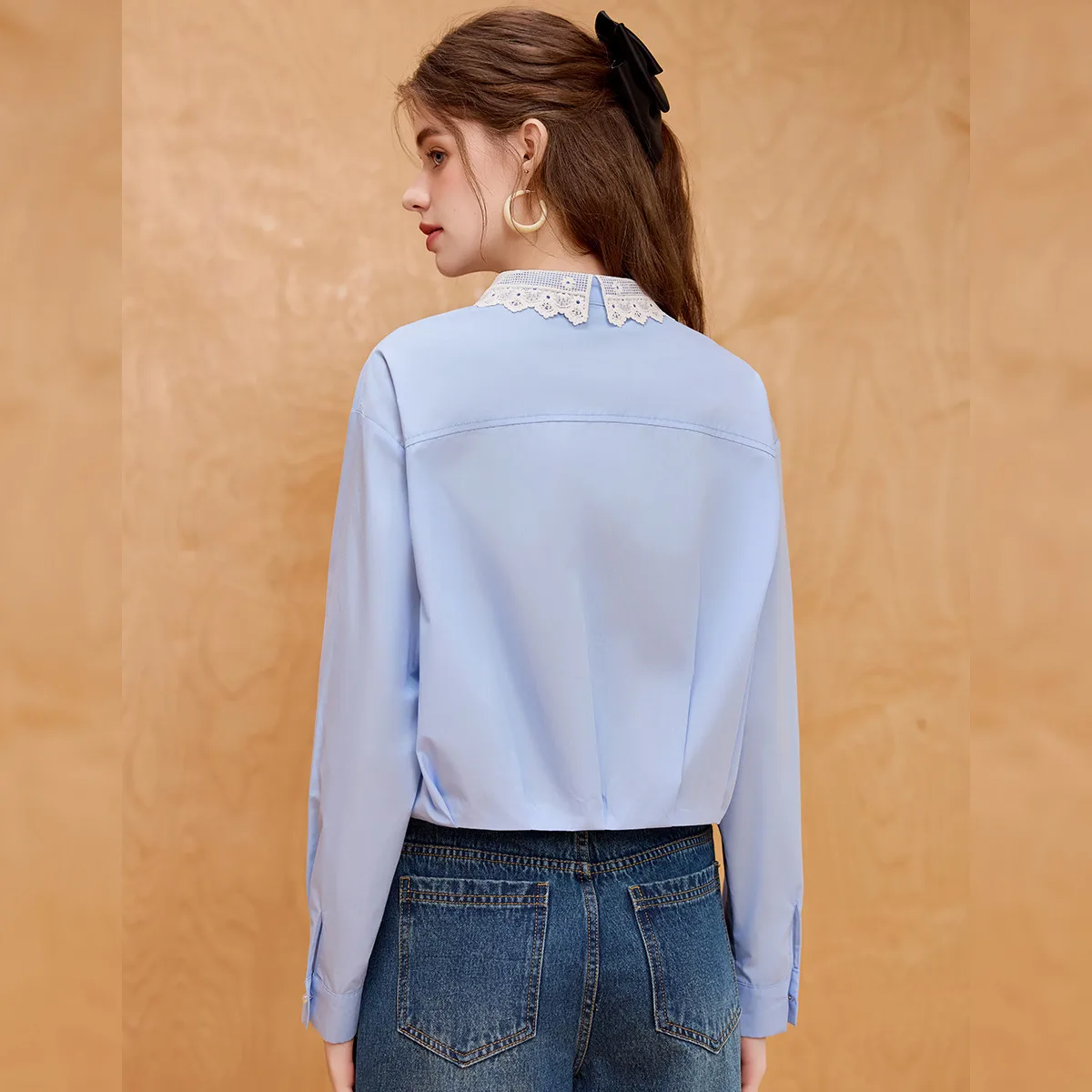 LOUIS YAO New Collar Pocket Lace Splicing Women's Shirt 2025 Autumn Commuter Shirt  Elegant Down Shoulder Sleeve Blouses