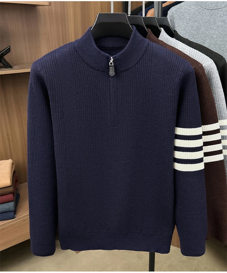 Hochwertige Reißverschluss Kragen Pullover Männer Neue Trend Persönlichkeit Streifen Zipper Herbst Winter Komfort Warm Stricken Sweater – Detail 13