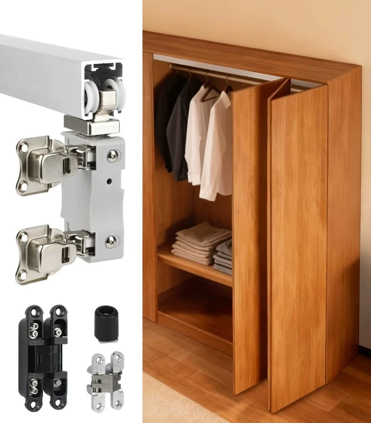 Wardrobe without lower rail folding door crane pulley three doors and one fold open cloakroom folding door hardware accessories