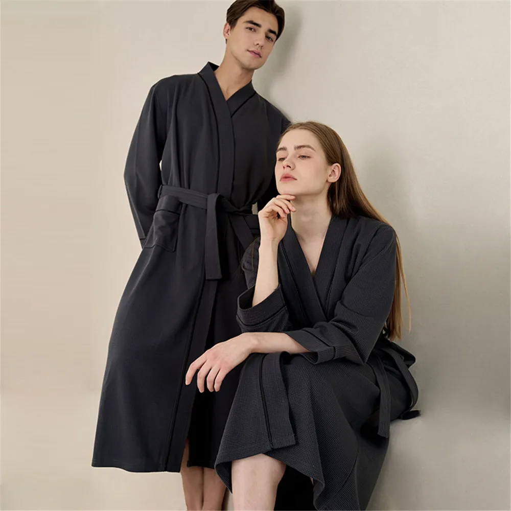 Solid Color Cotton Spring and Autumn Waffle Couples Yukata Bathrobe Homestay Hotel Couple Soft Bathrobes