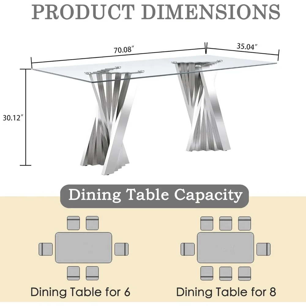 70 inch glass dining table, kitchen table for 4-8 people, 0.39 inch tempered glass top, mirrored stainless steel base