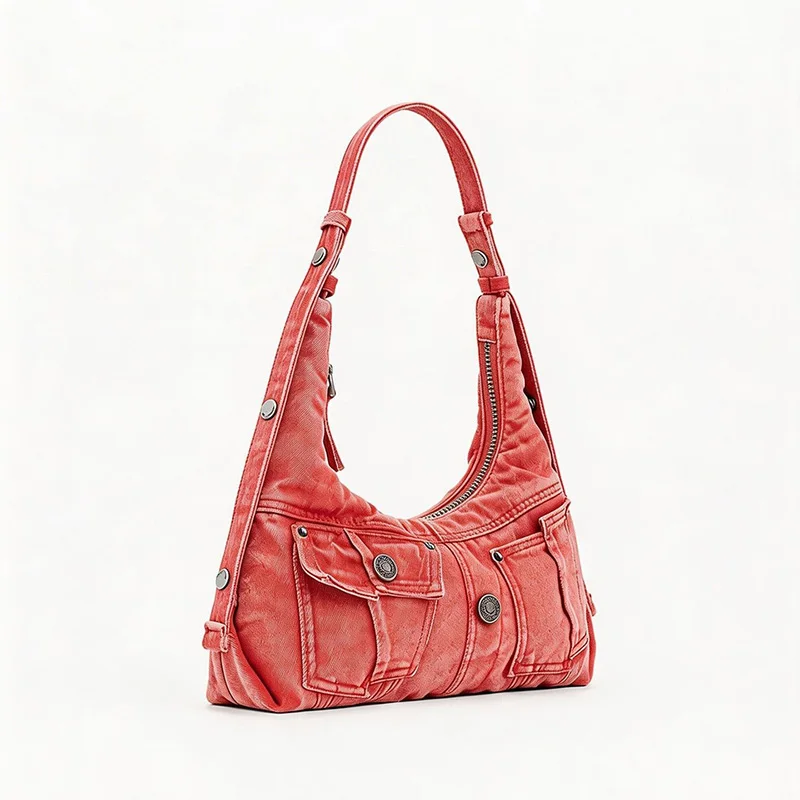 High Street Girls Niche Design Tote Bag Women Trend Red Commute Shoulder Bags Female Versatile Denim Crossbody Bags