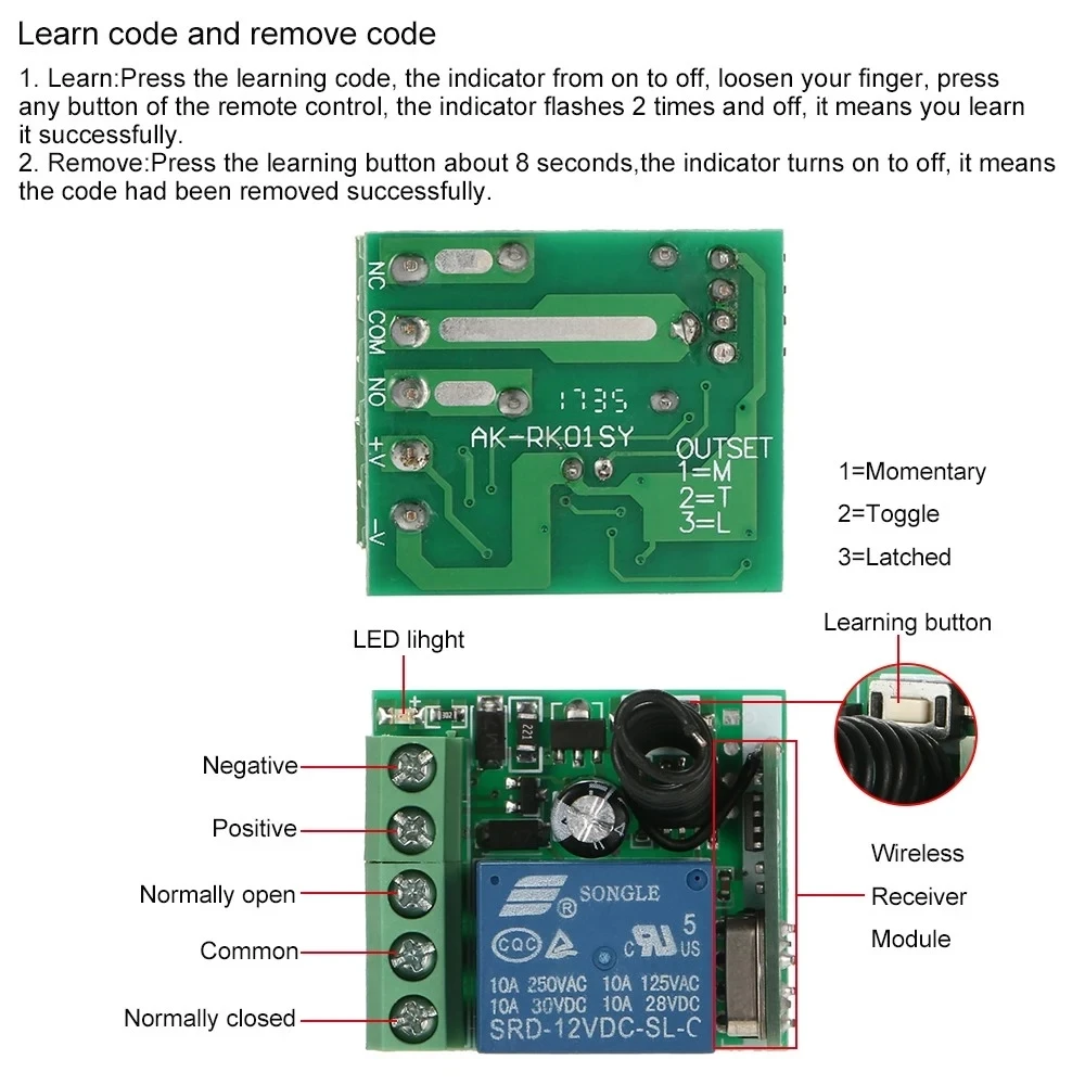 433Mhz Remote Control Wireless Switch DC 12V 1CH RF 10A Relay Receiver and 2CH Transmitter For Door Electromagnetic Lock