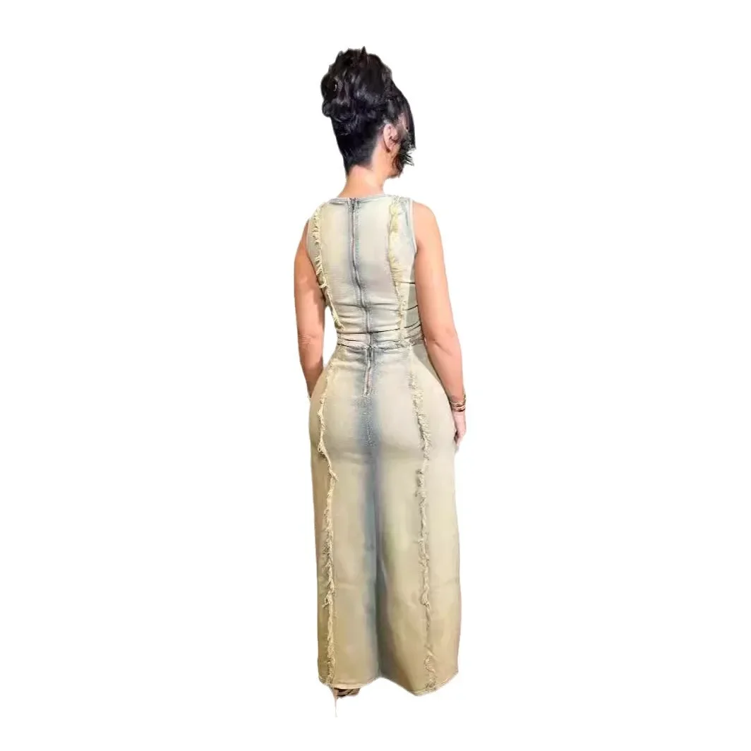 Conjunto de falda vaquera de moda para mujer, chaleco Sexy ahuecado, camiseta sin mangas y abertura larga