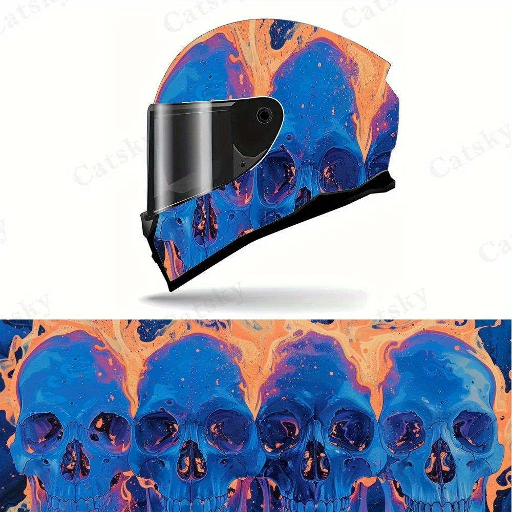 

Four Cool Orange Flame Blue Skull Motorcycle Helmet Vinyl Wraps Decal, Self-adhesive Waterproof Helmet Decoration, DIY Graffiti