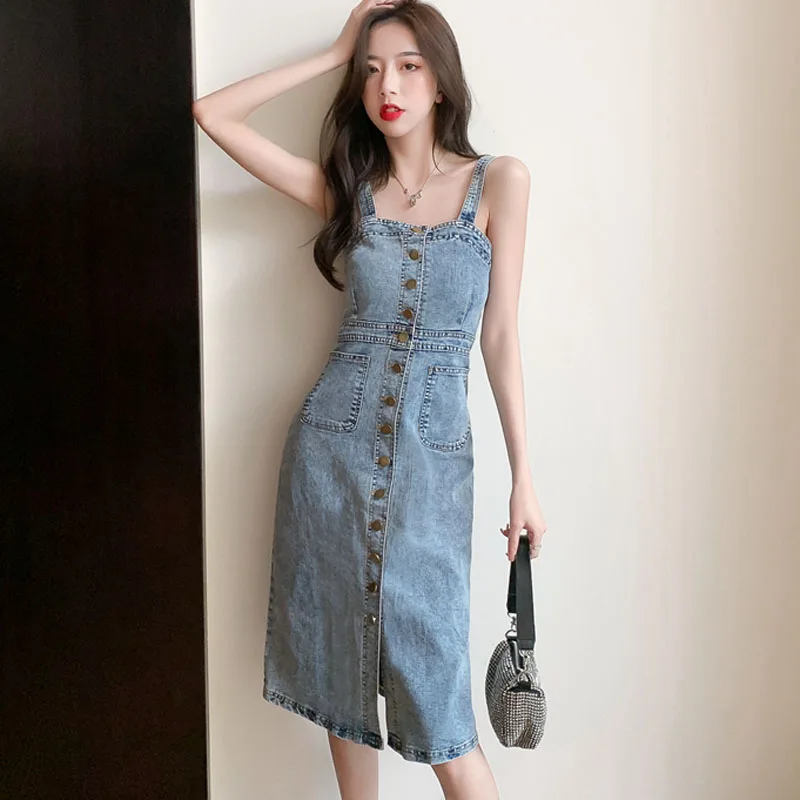 Women Vintage Elegant Fashion Single-breasted Denim Slim Package Hip Dresses 2025 New Summer Sexy Sling Bodycon Dress Vestidos