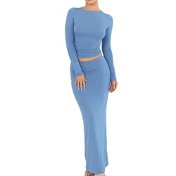 Women Sexy 2 Piece Maxi Skirt Set Long Sleeve T-Shirts Top Wrap Hip Long Skirt Y2K Clothes Set Streatwear