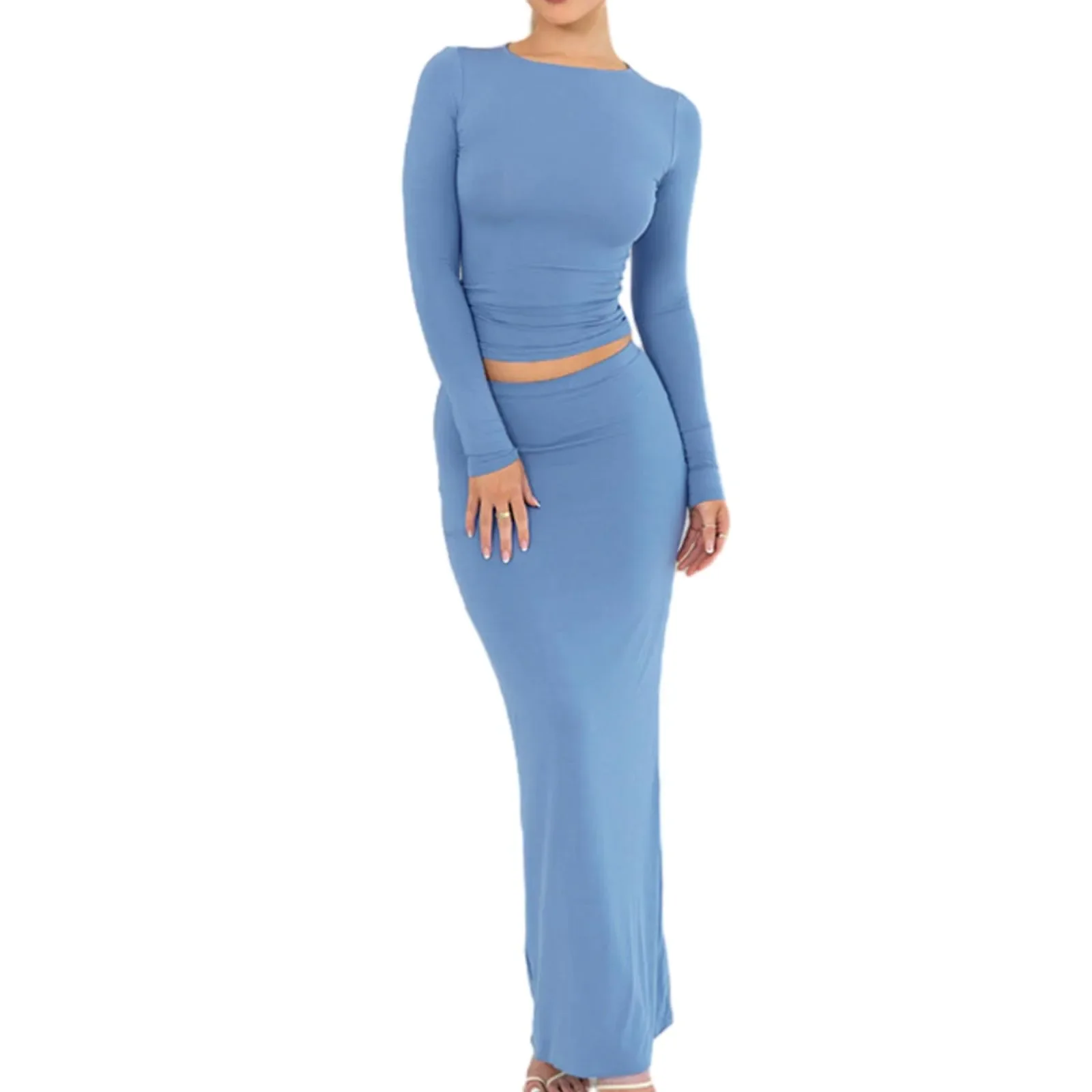 Women Sexy 2 Piece Maxi Skirt Set Long Sleeve T-Shirts Top Wrap Hip Long Skirt Y2K Clothes Set Streatwear