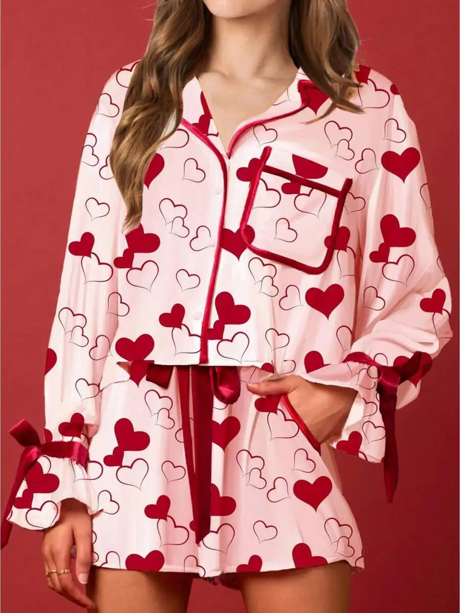 

Womens Heart Print Satin Pajama Set Long Sleeve Lapel Top With Bow Tie Drawstring Shorts Sleepwear