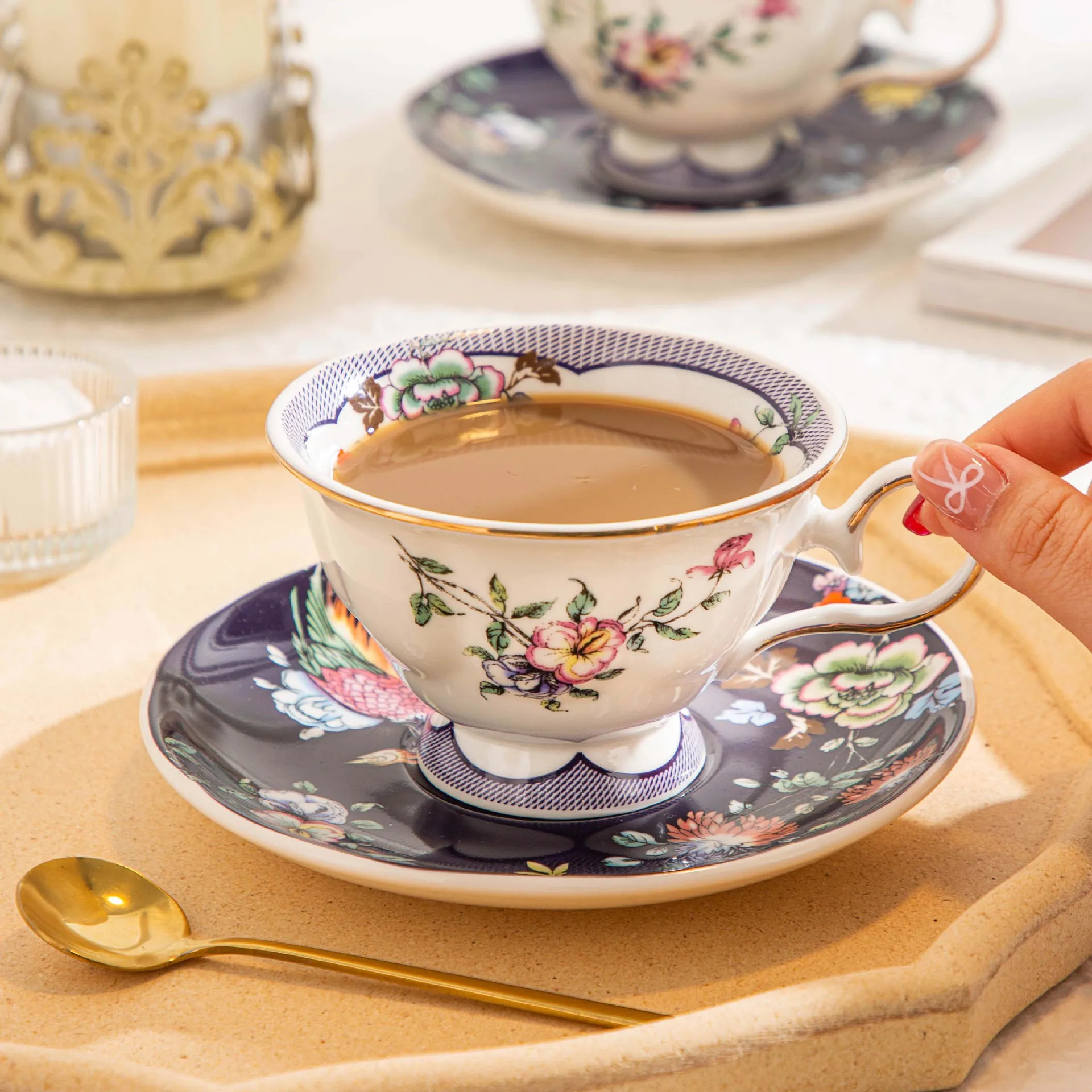 

DSA light luxury national style flower and bird coffee cup and saucer high value Phnom Penh big mouth ceramic cup afternoon
