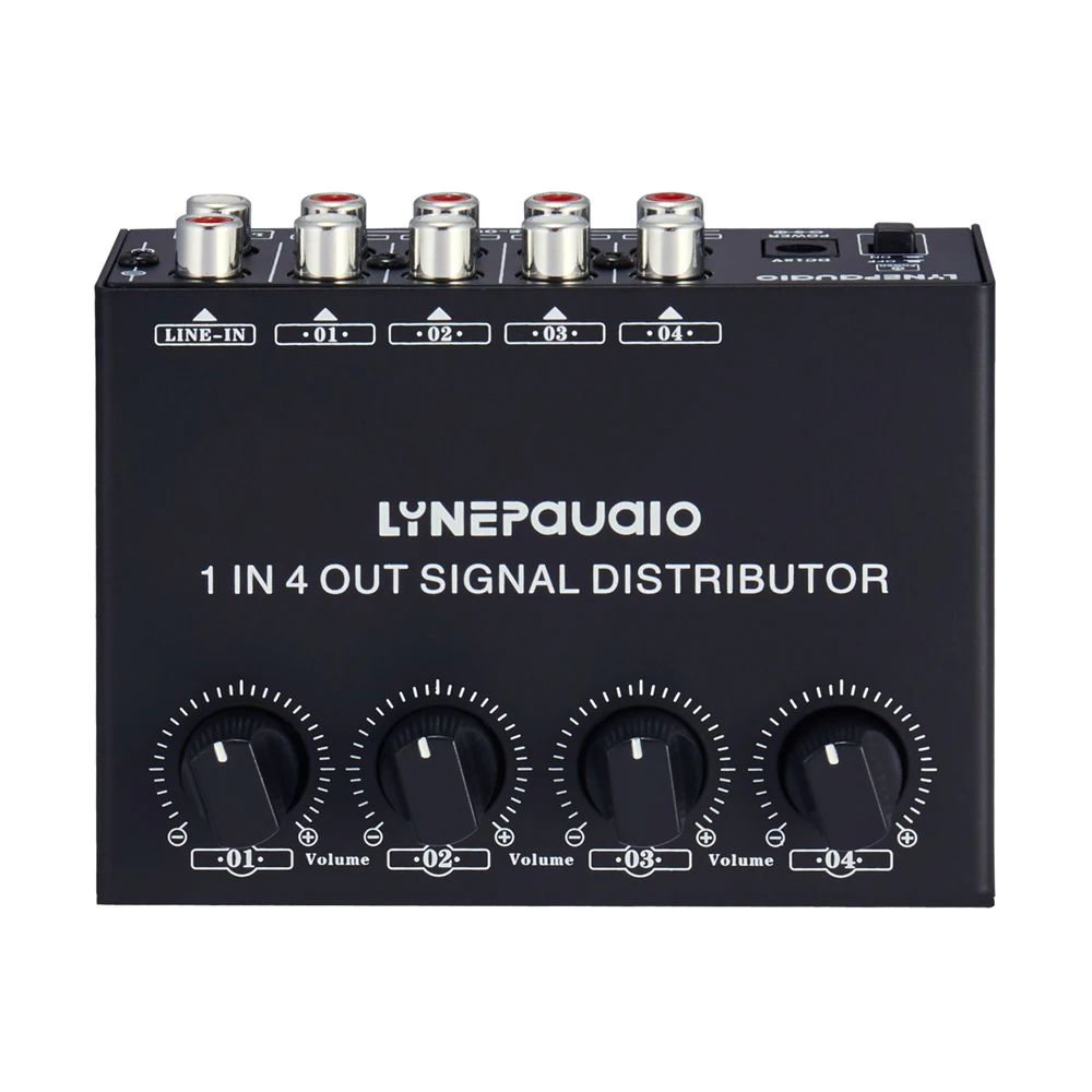 1 in 4 out front-level stereo signal amplifier distributor comparator output independent volume adjustment without loss