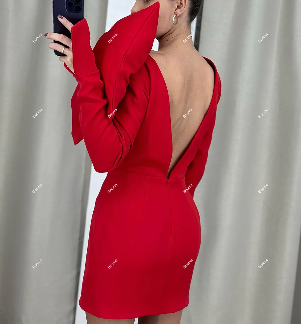 Booma Red Mini Prom Gowns Satin High Neck Long Sleeves Cocktail Dresses for Women Special Occasion Dress with Big Bow Outfits