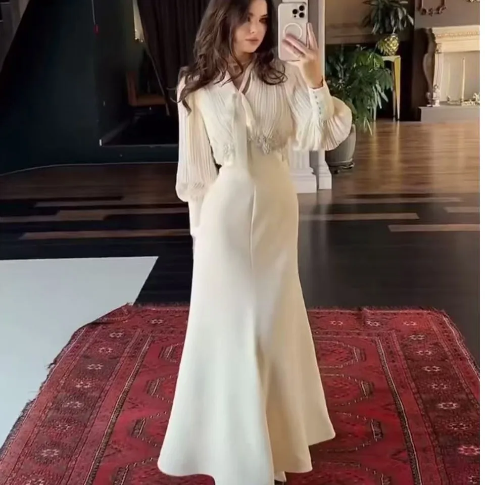 

Изысканное платье ручной работы с разноцветными вставками, юбка-миди с завышенной талией, шифоновое, с длинным рукавом, на молнии