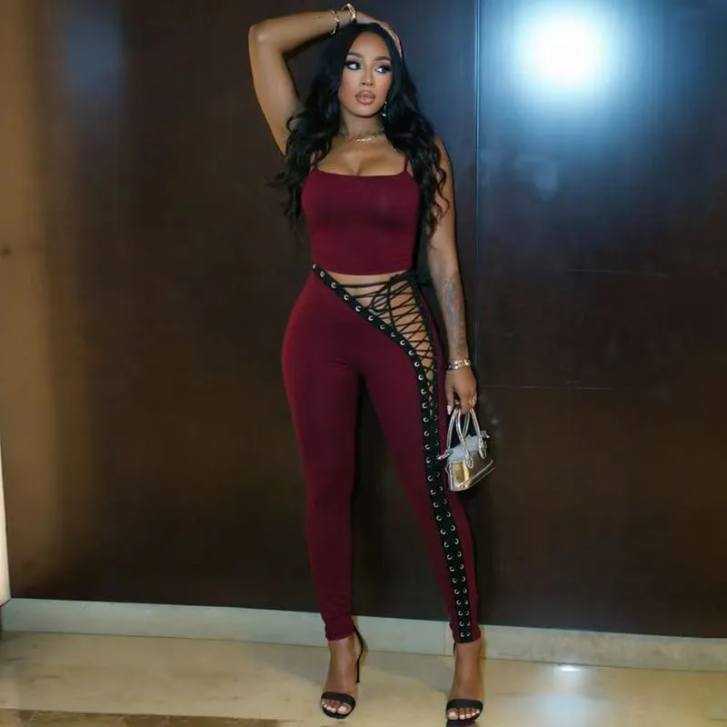 JENYAGE Damen Sexy Y2K 2-teiliges Set mit Spaghettiträgern, Crop-Top, Leopardenmuster, hochtaillierte, seitlich geschnürte, dehnbare Skinny-Hose, Clubwear-Set – Detail 7