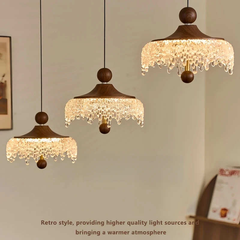Vintage Solid Wood Crystal Pendant Light Retro Water Drop Crystal Hanging Lamp French Cream Bedroom Dining Kitchen Island Light