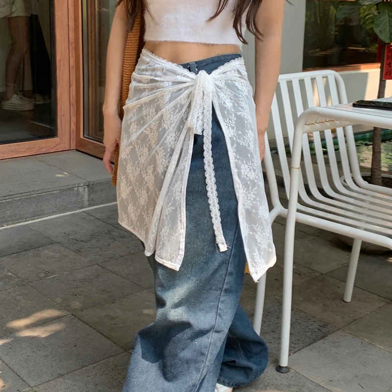 White Lace Fart Curtain Women's See Through Sweet Half Skirt Versatile Apron Cover Skirt Mesh Stacked Wrap Skirt