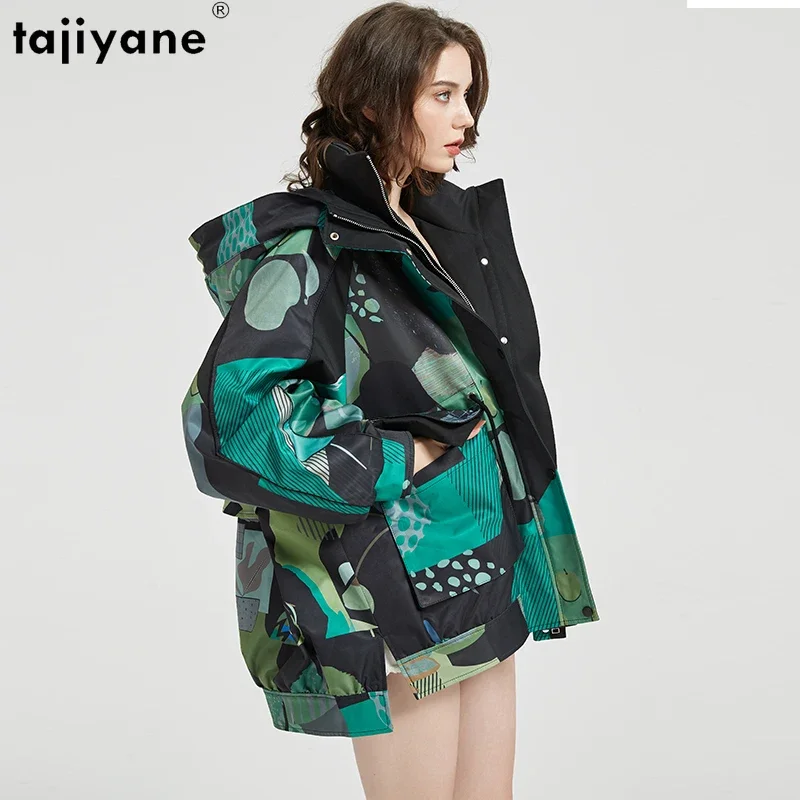 Tajiyane Cartoon Printed Down Jackets for Women 2023 Winter 90% White Goose Down Coats Mid-length Hooded Parkas Detachable Liner