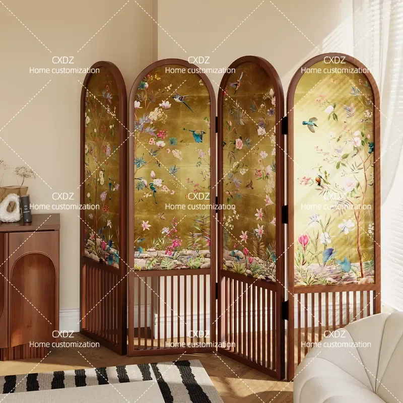 New Chinese Retro Solid Wood Folding Screen Flower and Bird Pattern Decorative Partition for Living Room Bedroom Small